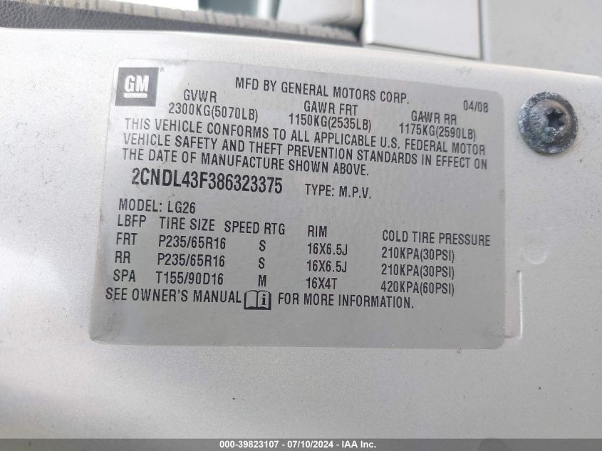 2008 Chevrolet Equinox Lt VIN: 2CNDL43F386323375 Lot: 39823107