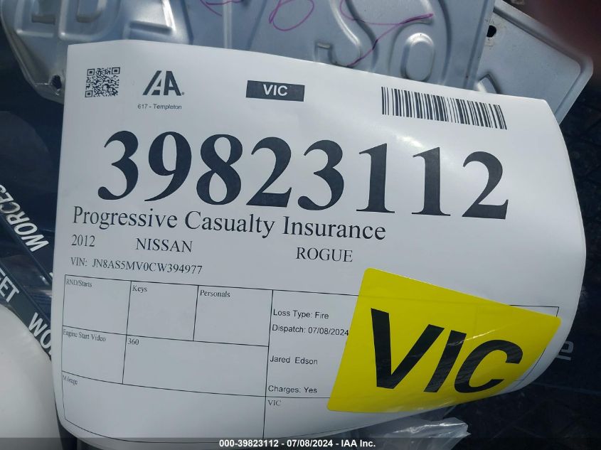 2012 Nissan Rogue Sv W/Sl Pkg VIN: JN8AS5MV0CW394977 Lot: 39823112
