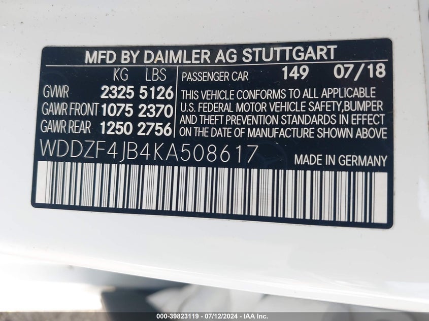 2019 MERCEDES-BENZ E 300 VIN: WDDZF4JB4KA508617