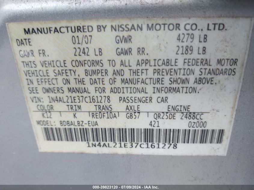 2007 Nissan Altima 2.5 S VIN: 1N4AL21E37C161278 Lot: 39823120