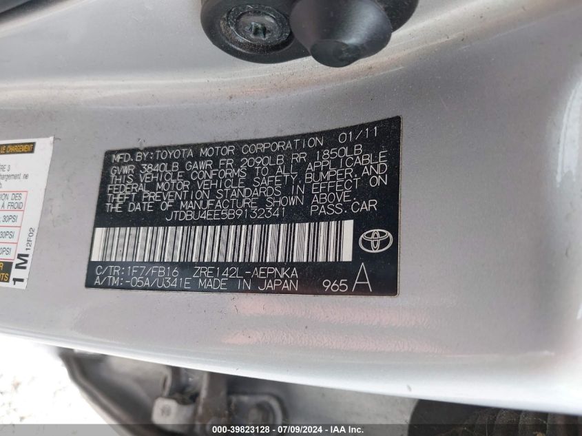 2011 Toyota Corolla Le VIN: JTDBU4EE5B9132341 Lot: 39823128