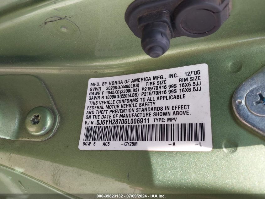 2006 Honda Element Ex-P VIN: 5J6YH28706L006911 Lot: 39823132