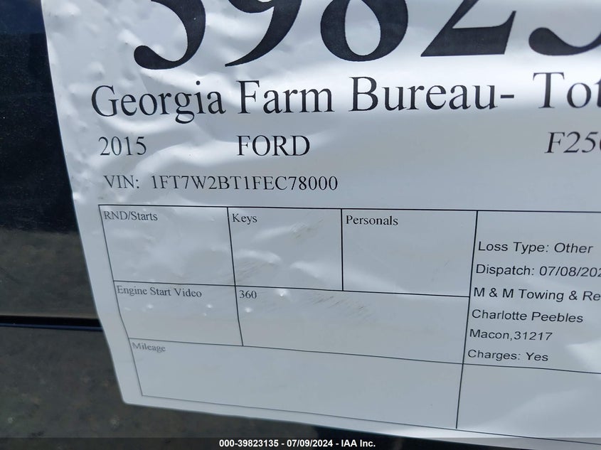 2015 Ford F-250 Lariat VIN: 1FT7W2BT1FEC78000 Lot: 39823135