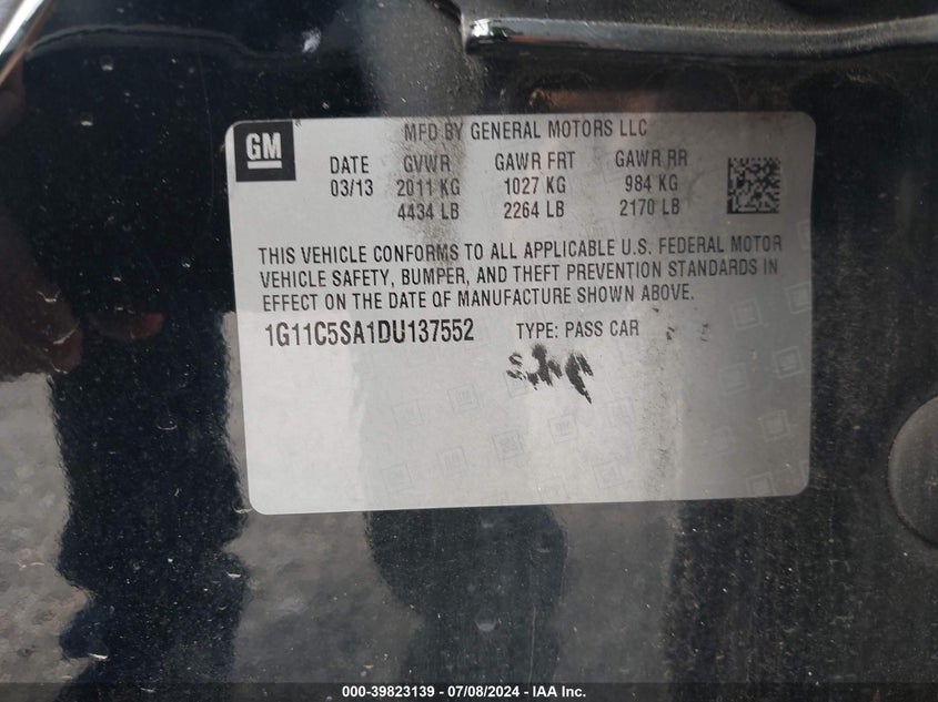 2013 Chevrolet Malibu 1Lt VIN: 1G11C5SA1DU137552 Lot: 39823139