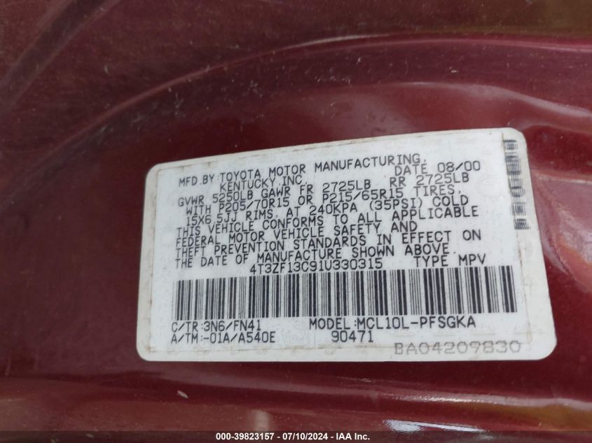 2001 Toyota Sienna Le/Xle VIN: 4T3ZF13C91U330315 Lot: 39823157