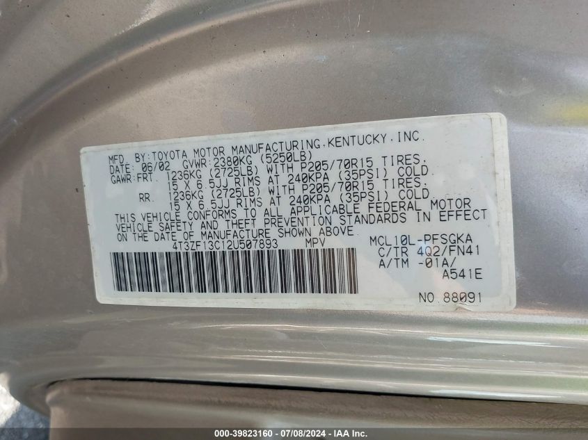 2002 Toyota Sienna Le VIN: 4T3ZF13C12U507893 Lot: 39823160