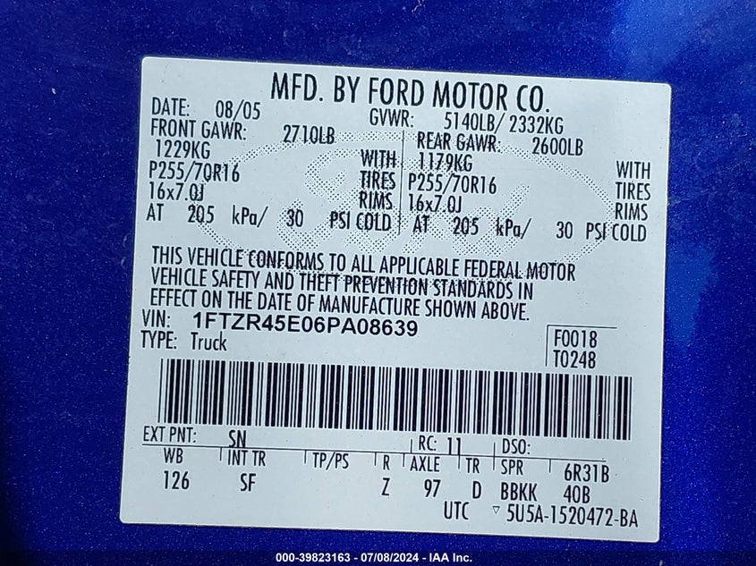 2006 Ford Ranger Fx4 Level Ii/Fx4 Off-Road/Sport/Xlt VIN: 1FTZR45E06PA08639 Lot: 39823163