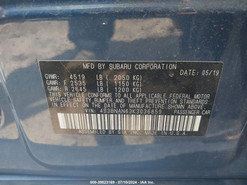 2019 Subaru Legacy 2.5I Limited VIN: 4S3BNAN63K3036859 Lot: 39823169