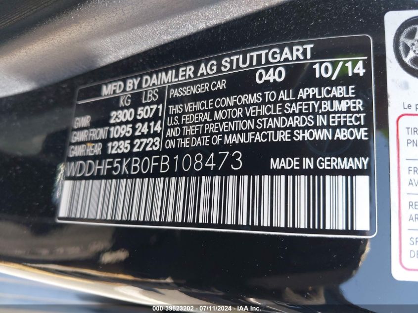 2015 Mercedes-Benz E 350 VIN: WDDHF5KB0FB108473 Lot: 39823202