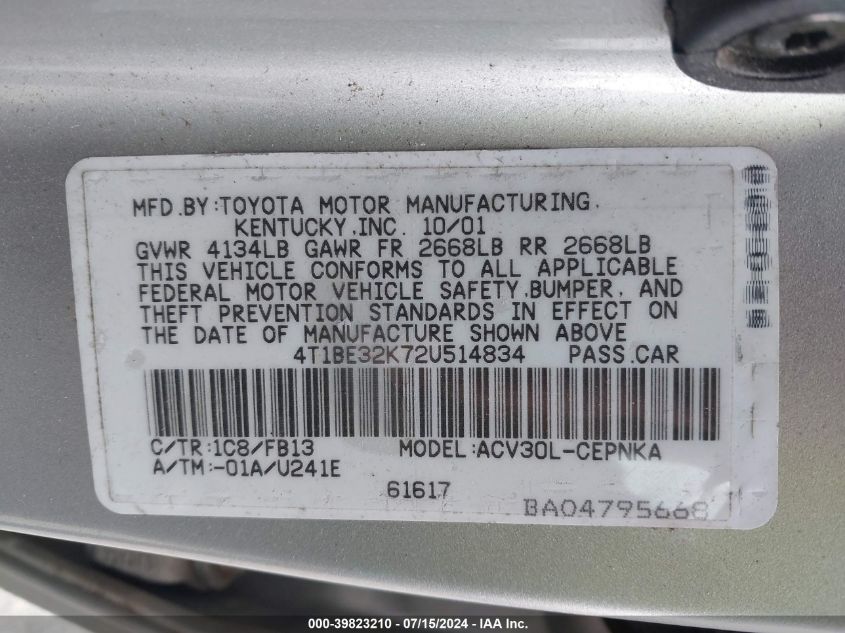 4T1BE32K72U514834 2002 Toyota Camry Le