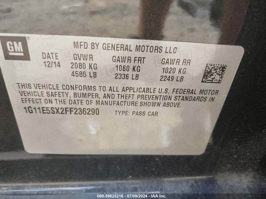 2015 Chevrolet Malibu 3Lt VIN: 1G11E5SX2FF236290 Lot: 39823216