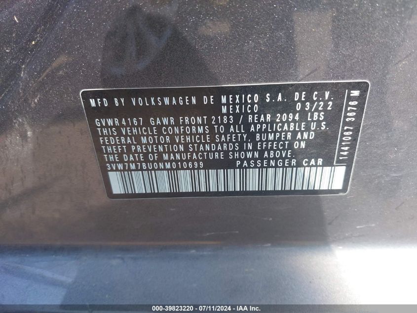 2022 Volkswagen Jetta 1.5T Se VIN: 3VW7M7BU0NM010699 Lot: 39823220