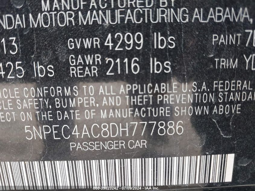 2013 Hyundai Sonata Limited VIN: 5NPEC4AC8DH777886 Lot: 39823242