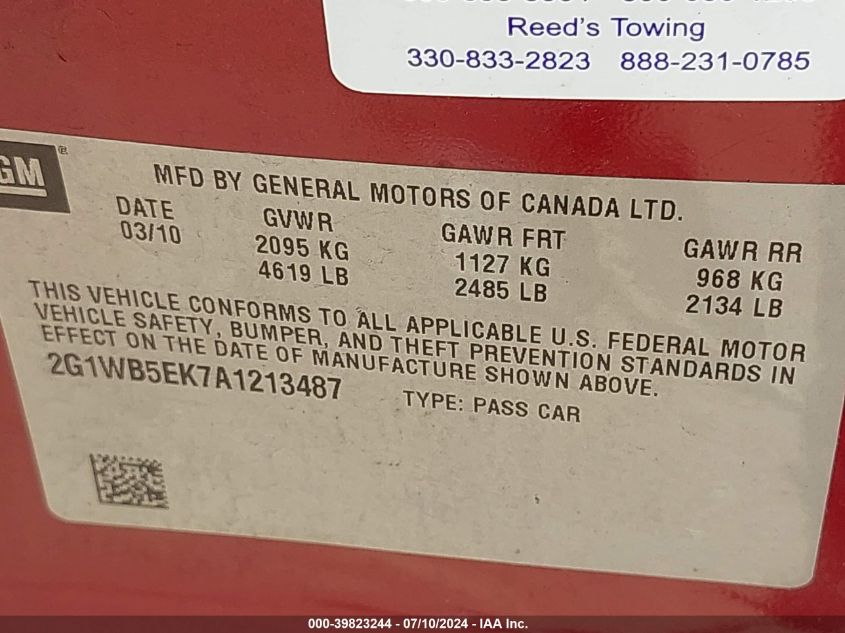 2010 Chevrolet Impala Lt VIN: 2G1WB5EK7A1213487 Lot: 39823244