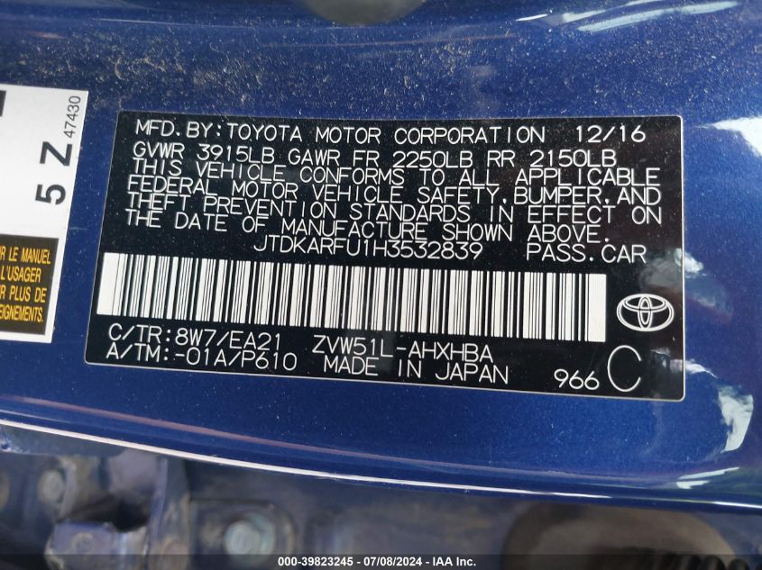 2017 Toyota Prius Three Touring VIN: JTDKARFU1H3532839 Lot: 39823245