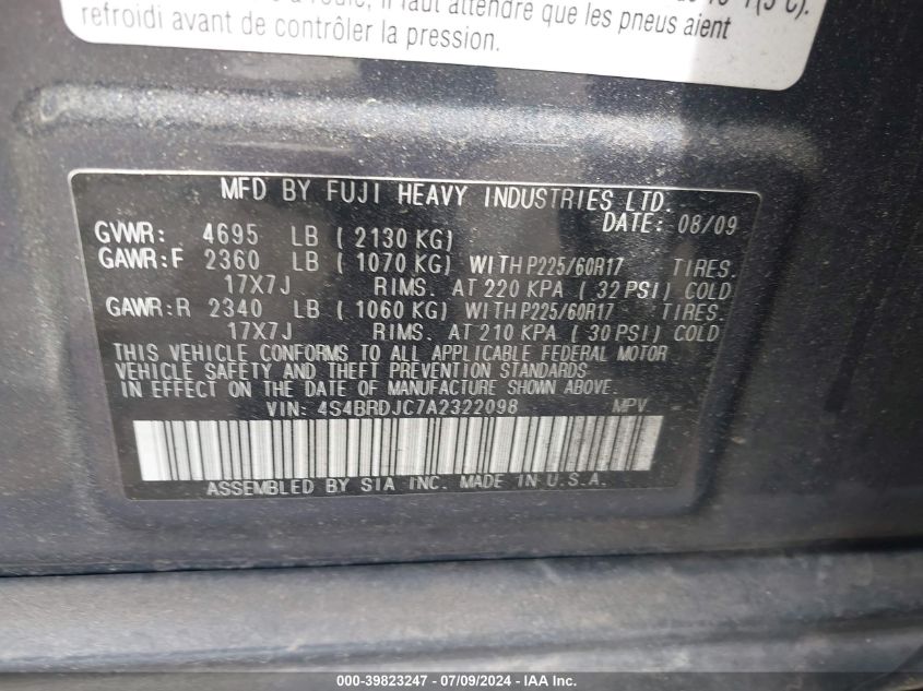 2010 Subaru Outback 3.6R Limited VIN: 4S4BRDJC7A2322098 Lot: 39823247