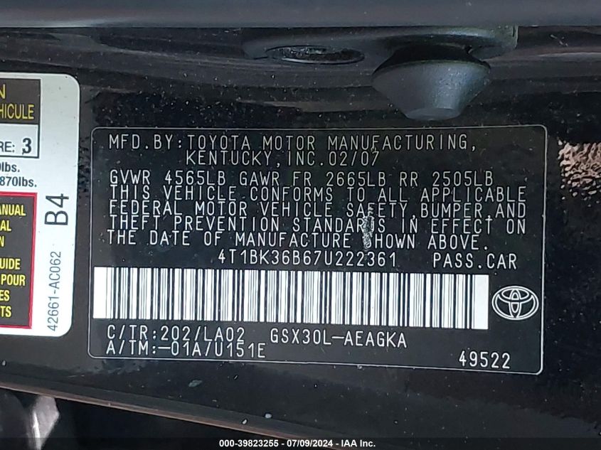 2007 Toyota Avalon Xls VIN: 4T1BK36B67U222361 Lot: 39823255