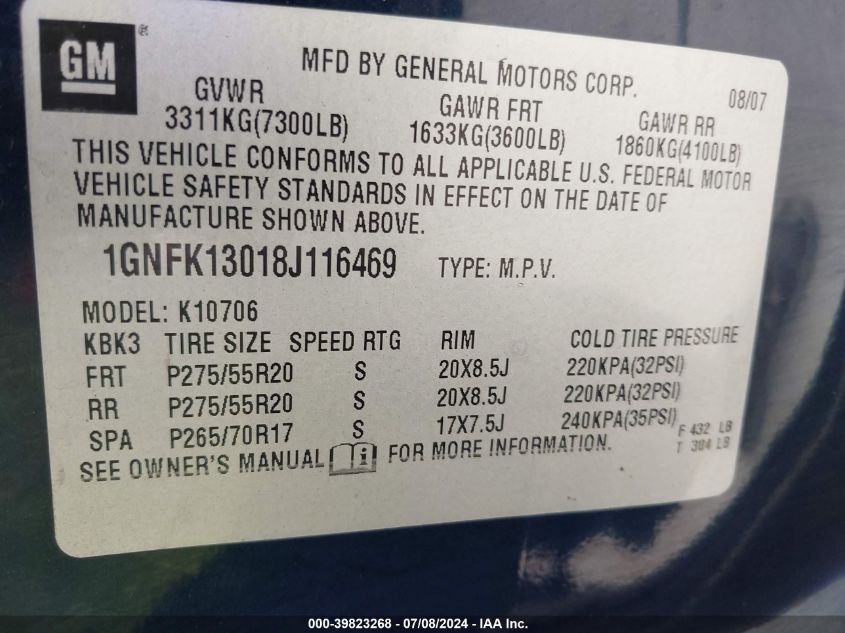 2008 Chevrolet Tahoe Lt VIN: 1GNFK13018J116469 Lot: 39823268