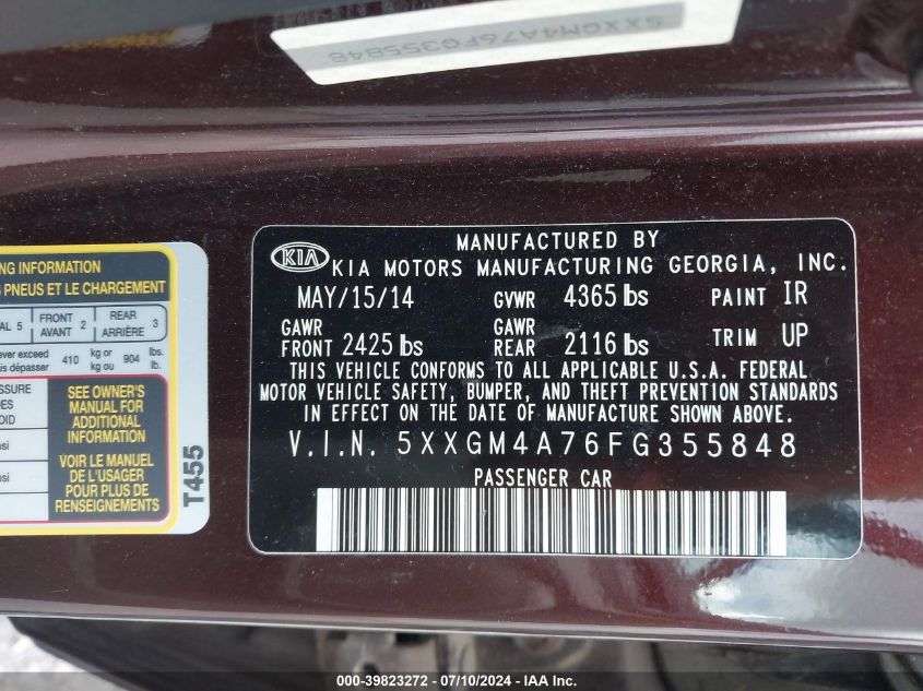 2015 Kia Optima Lx VIN: 5XXGM4A76FG355848 Lot: 39823272