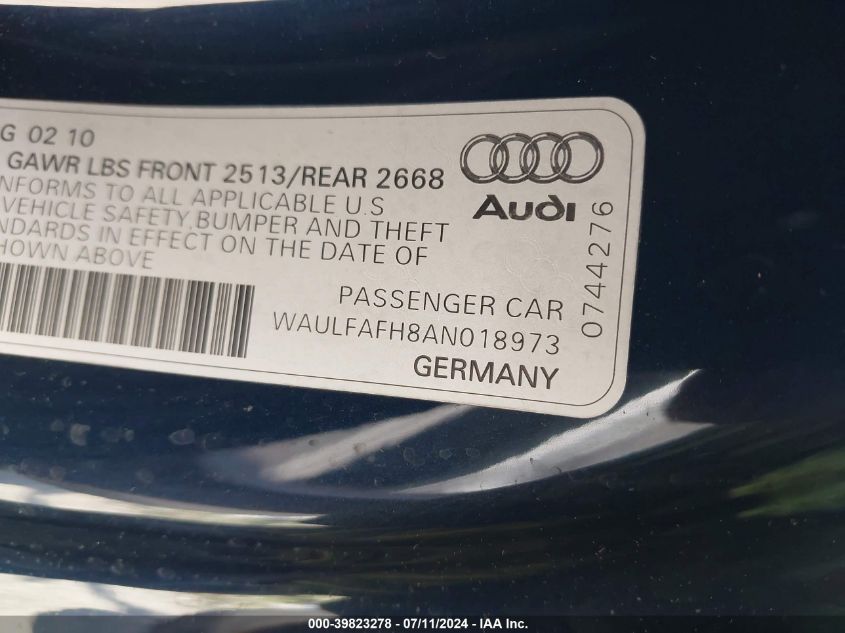 2010 Audi A5 2.0T Premium VIN: WAULFAFH8AN018973 Lot: 39823278