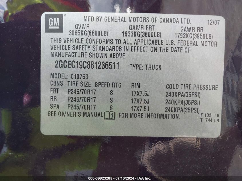 2008 Chevrolet Silverado 1500 Lt1 VIN: 2GCEC19C881236511 Lot: 39823285