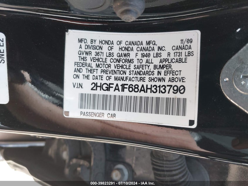 2010 Honda Civic Lx-S VIN: 2HGFA1F68AH313790 Lot: 39823291