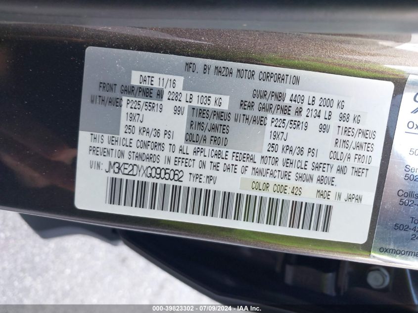 2016 Mazda Cx-5 Gt VIN: JM3KE2DYXG0905062 Lot: 39823302