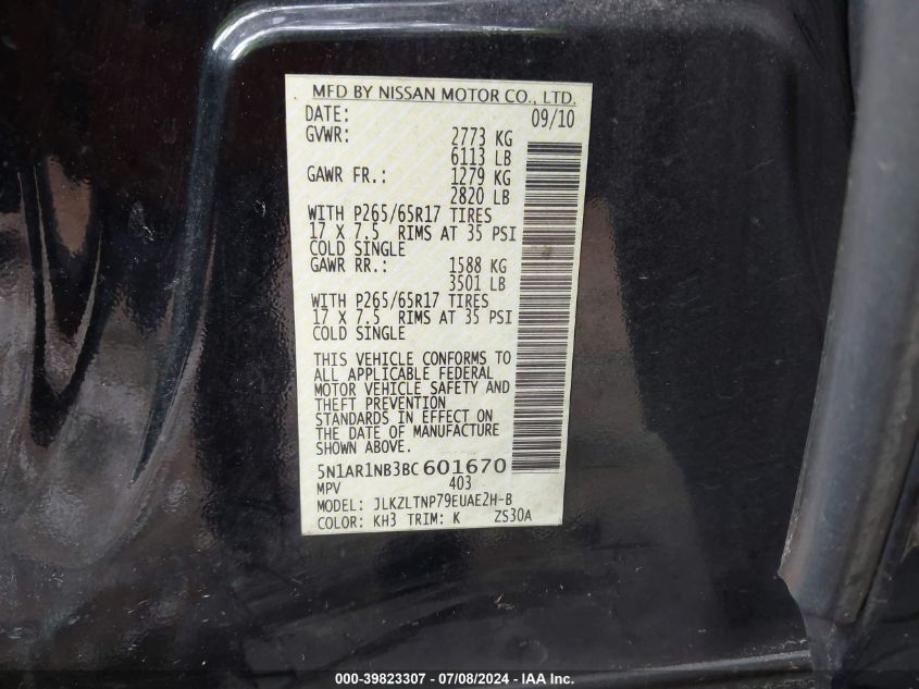 2011 Nissan Pathfinder Silver VIN: 5N1AR1NB3BC601670 Lot: 39823307