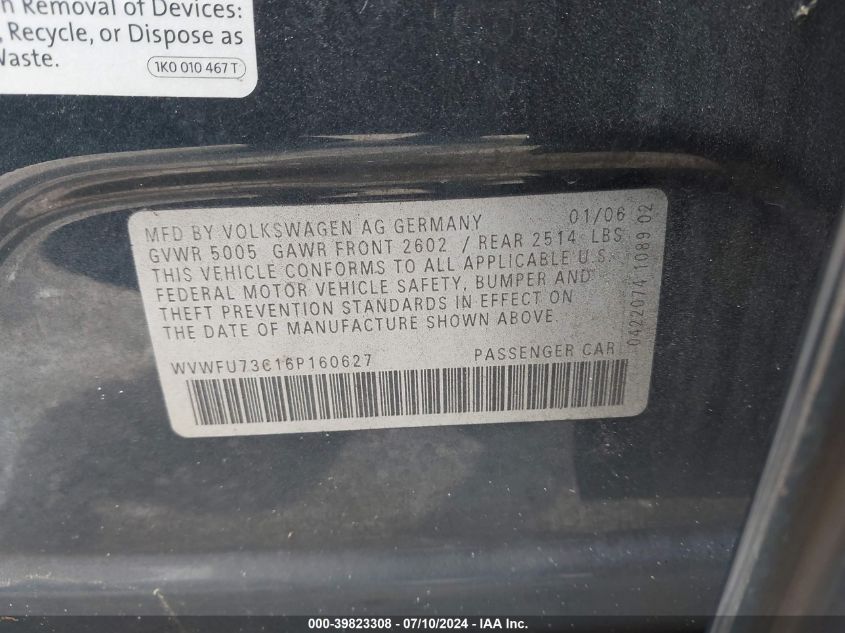 2006 Volkswagen Passat 3.6L 4Motion Luxury VIN: WVWFU73C16P160627 Lot: 39823308