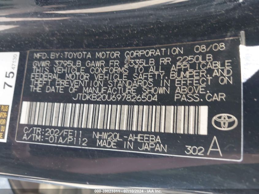 2009 Toyota Prius VIN: JTDKB20U697826504 Lot: 39823311