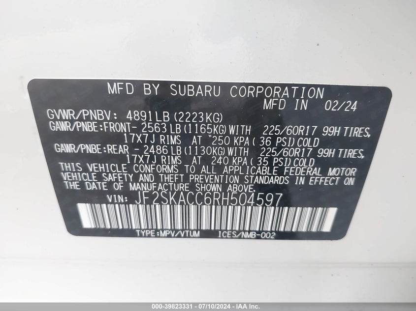 2024 Subaru Forester Premium VIN: JF2SKACC6RH504597 Lot: 39823331