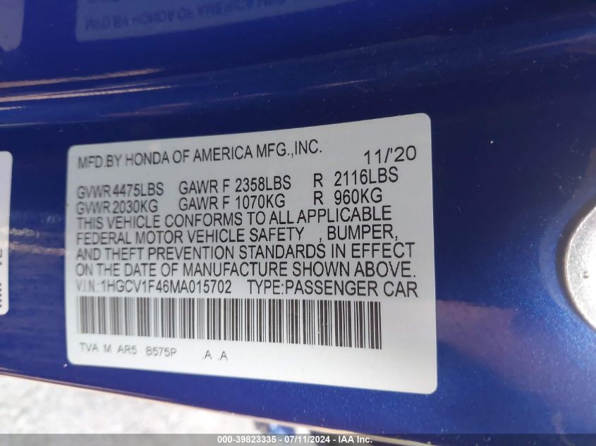 2021 Honda Accord Sport Special Edition VIN: 1HGCV1F46MA015702 Lot: 39823335