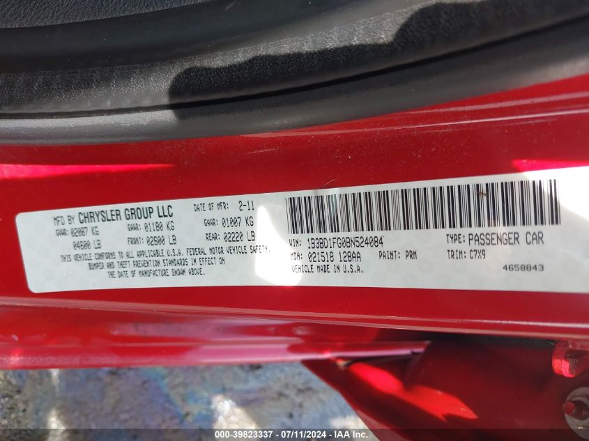 2011 Dodge Avenger Mainstreet VIN: 1B3BD1FG0BN524084 Lot: 39823337