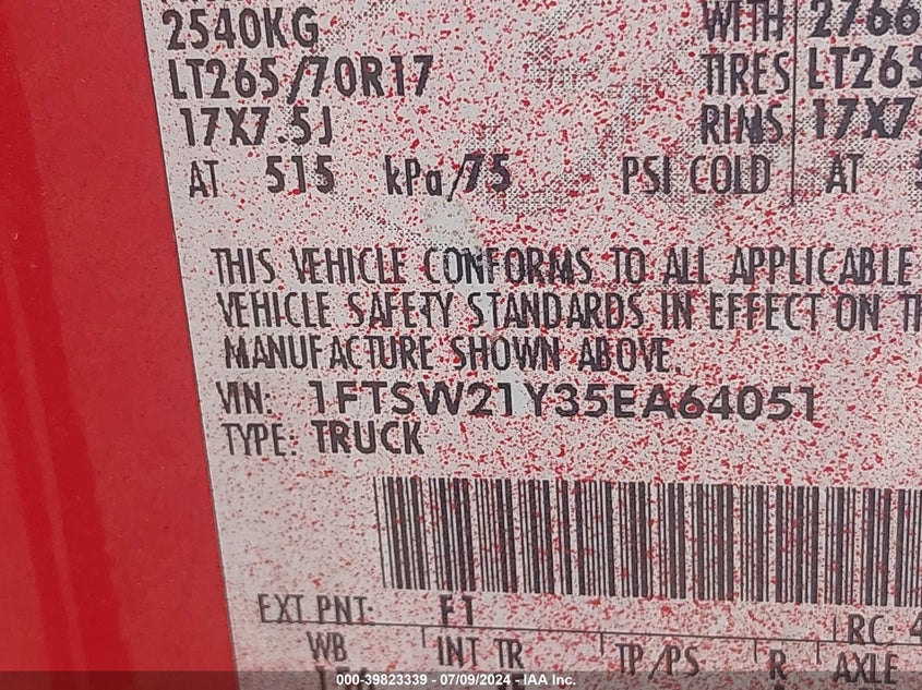 2005 Ford F250 Super Duty VIN: 1FTSW21Y35EA64051 Lot: 39823339