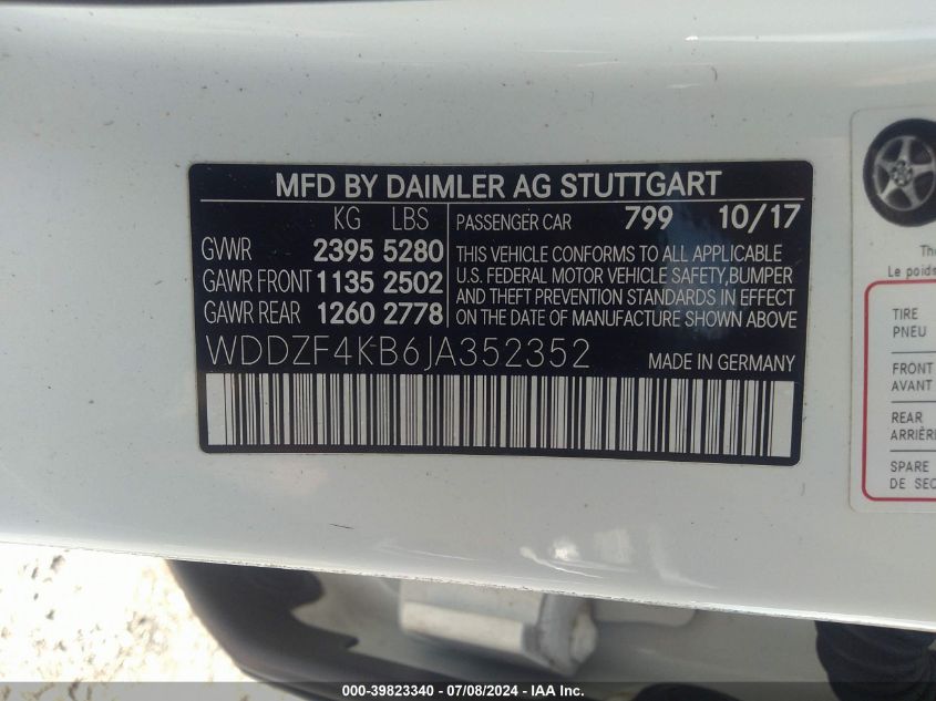 2018 Mercedes-Benz E 300 4Matic VIN: WDDZF4KB6JA352352 Lot: 39823340