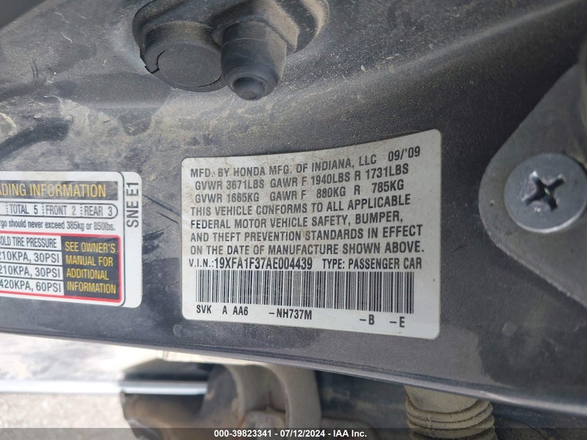 2010 Honda Civic Vp VIN: 19XFA1F37AE004439 Lot: 39823341