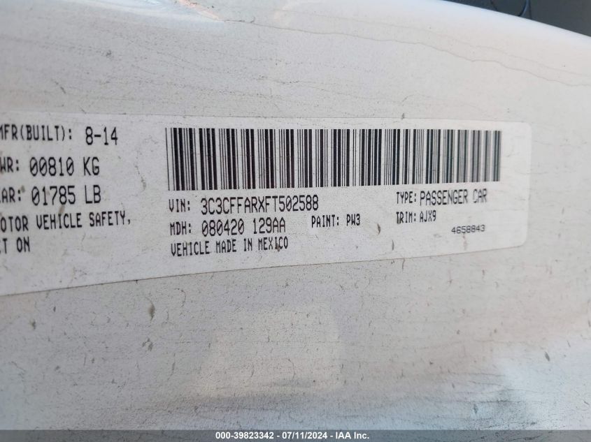 2015 Fiat 500 Pop VIN: 3C3CFFARXFT502588 Lot: 39823342