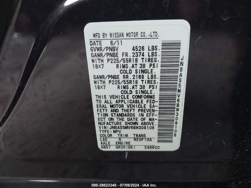 2011 Nissan Rogue Sv VIN: JN8AS5MV6BW309106 Lot: 39823348