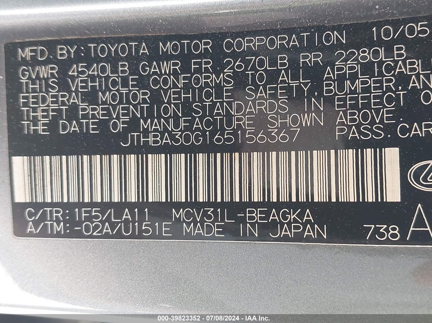 2006 Lexus Es 330 VIN: JTHBA30G165156367 Lot: 39823352