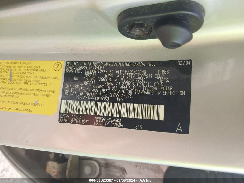 2004 Lexus Rx 330 VIN: 2T2HA31U04C018069 Lot: 39823367