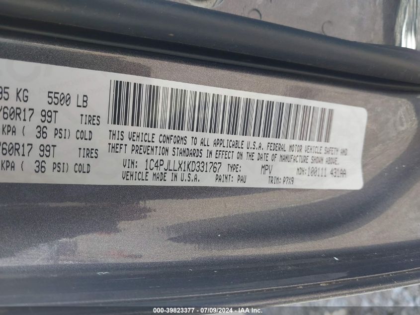 2019 Jeep Cherokee Latitude Plus Fwd VIN: 1C4PJLLX1KD331767 Lot: 39823377