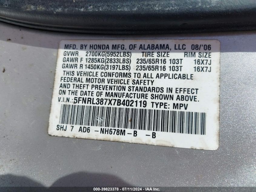 2007 Honda Odyssey Ex-L VIN: 5FNRL387X7B402119 Lot: 39823378