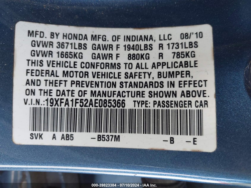 2010 Honda Civic Lx VIN: 19XFA1F52AE085366 Lot: 39823384