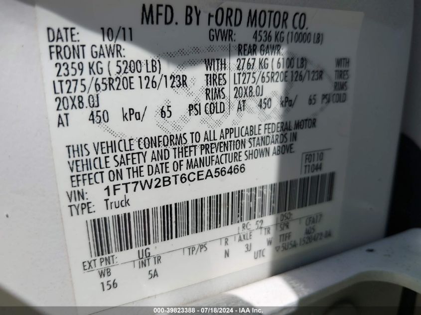 2012 Ford F-250 Lariat VIN: 1FT7W2BT6CEA56466 Lot: 39823388