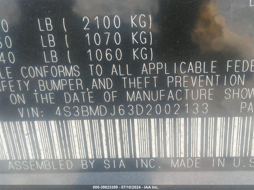 2013 Subaru Legacy 3.6R Limited VIN: 4S3BMDJ63D2002133 Lot: 39823389