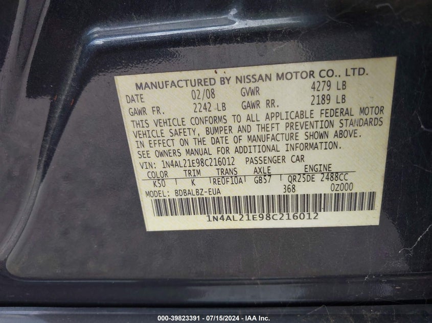 2008 Nissan Altima 2.5 S VIN: 1N4AL21E98C216012 Lot: 39823391