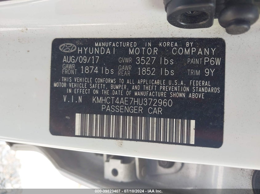 2017 Hyundai Accent Value Edition VIN: KMHCT4AE7HU372960 Lot: 39823407