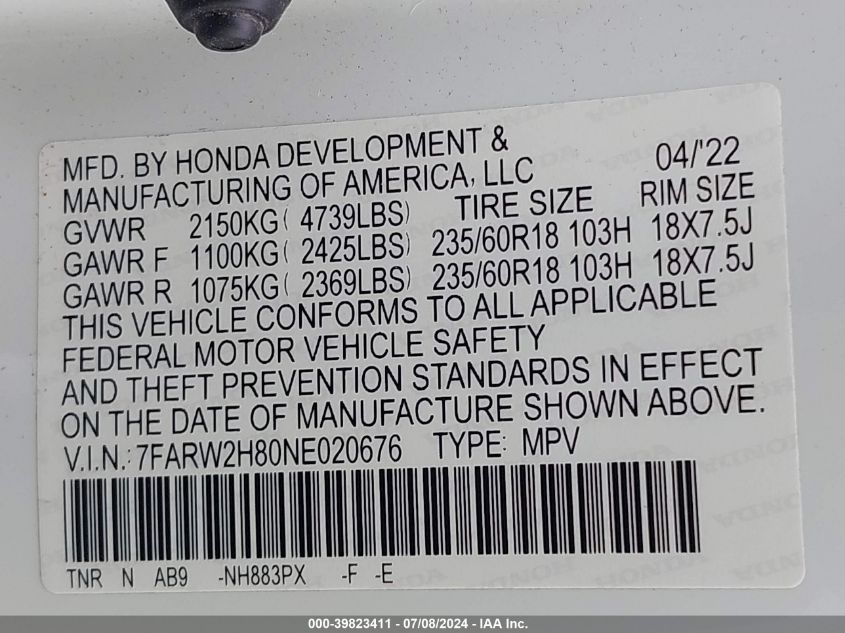 2022 Honda Cr-V Awd Ex-L VIN: 7FARW2H80NE020676 Lot: 39823411
