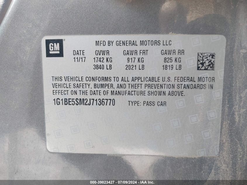 2018 Chevrolet Cruze Lt VIN: 1G1BE5SM2J7136770 Lot: 39823427