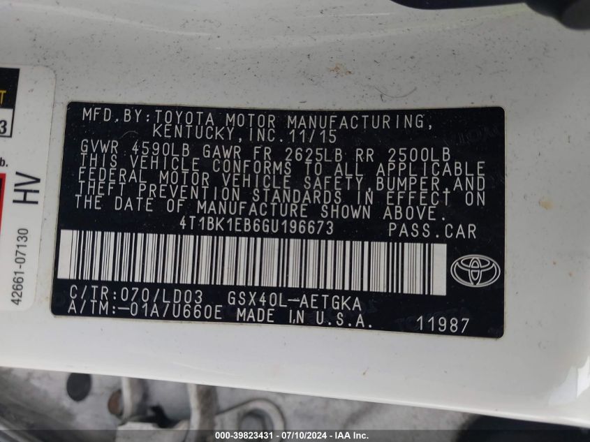 2016 Toyota Avalon Xle Plus/Premium/Tour/Ltd VIN: 4T1BK1EB6GU196673 Lot: 39823431